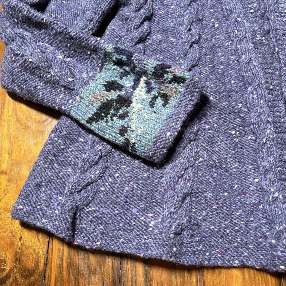 Muir & Osborne Handmade Pure Wool Purple Floral Cable Knit Open Sweater Vtg - Picture 2 of 10